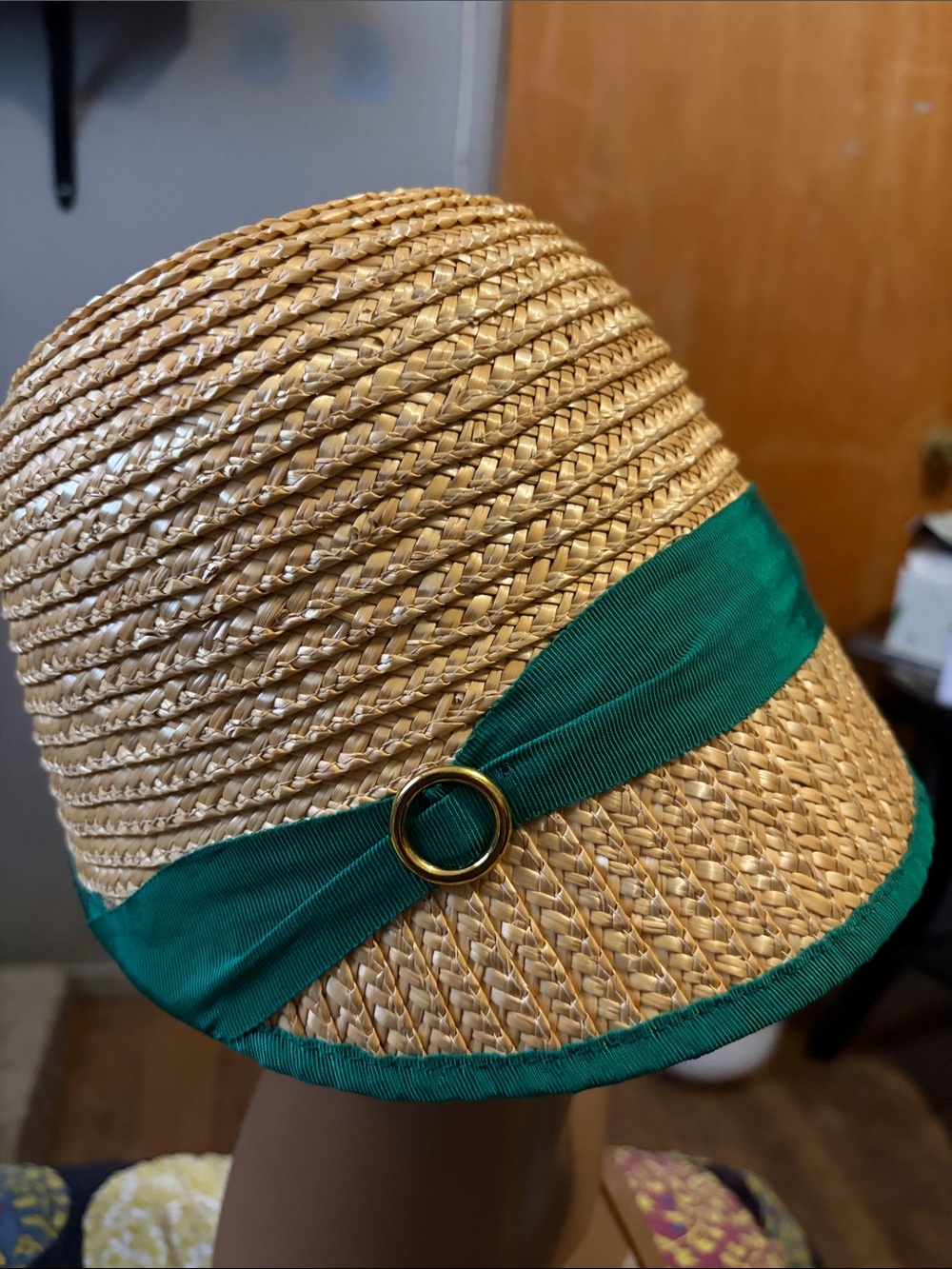 Eugenia Kim Natural Straw Cloche with Emerald Ribbon and Gold Ring